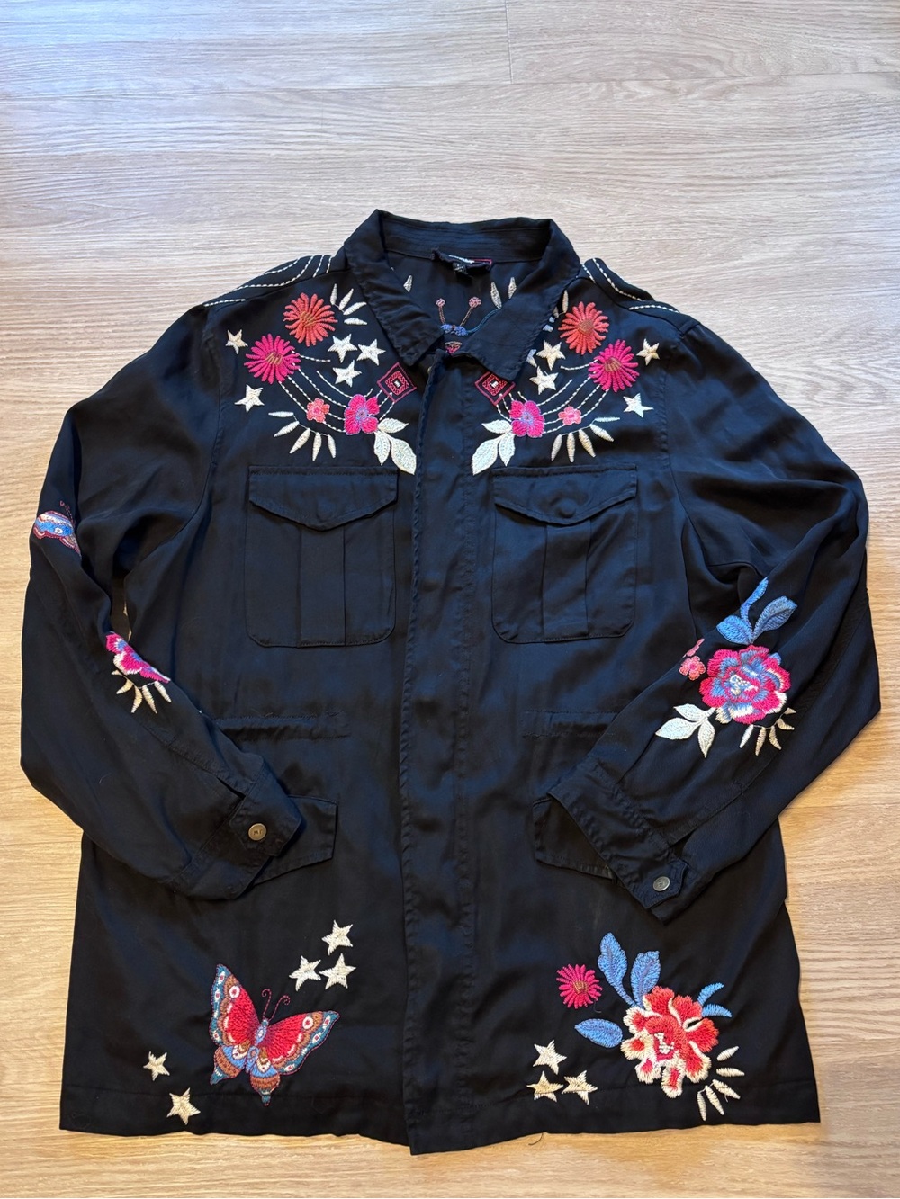 Johnny Was Women L Mika Paris Drawstring Embroidered Military Jacket Boho Black